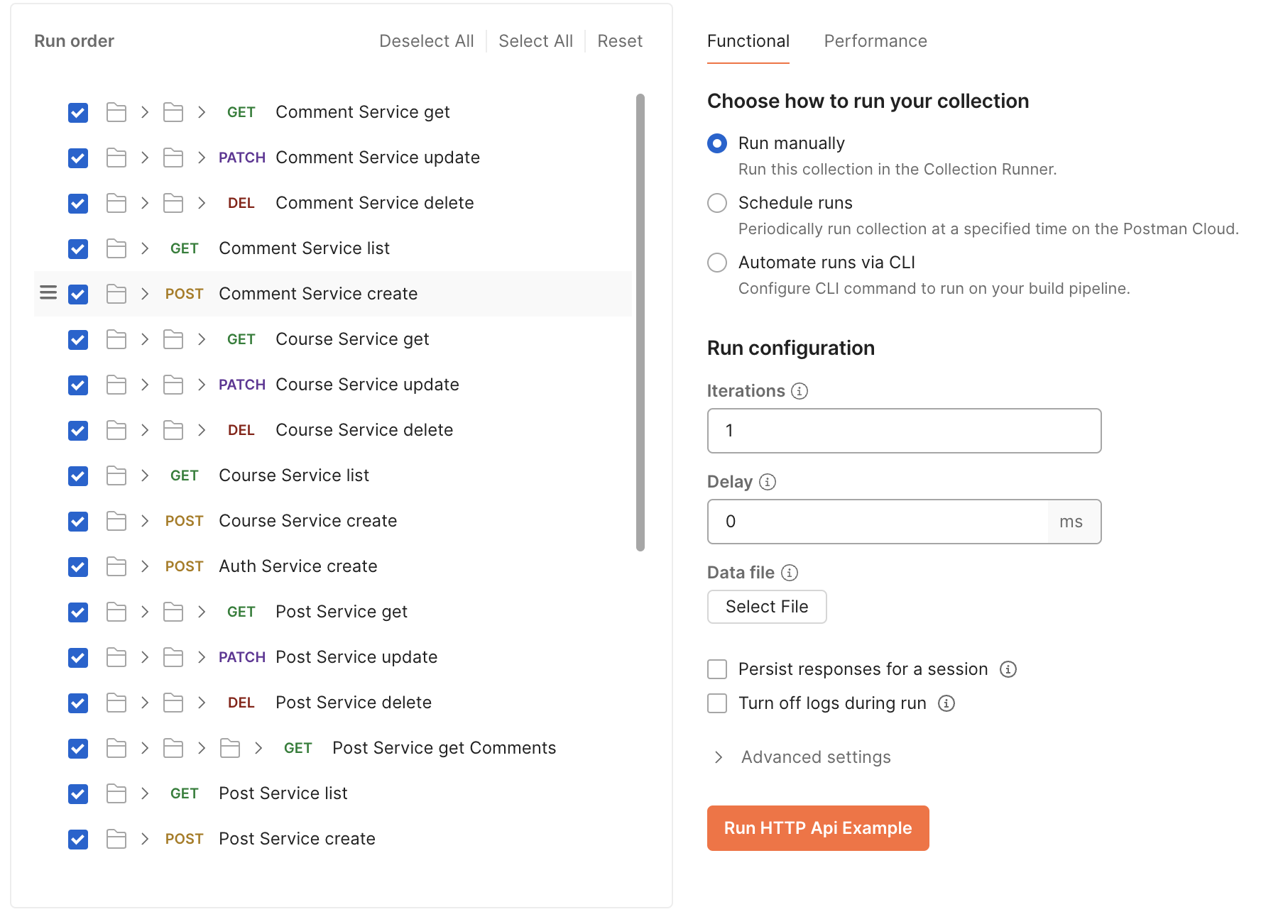 Параметры запуска коллекции