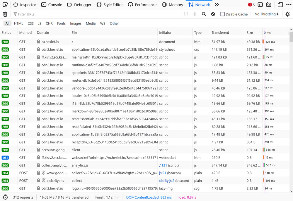 Вкладка Network в DevTools