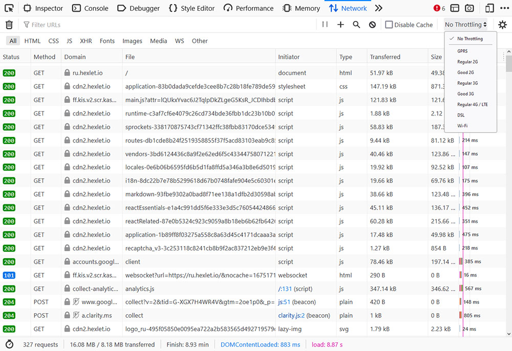 Вкладка Network в DevTools