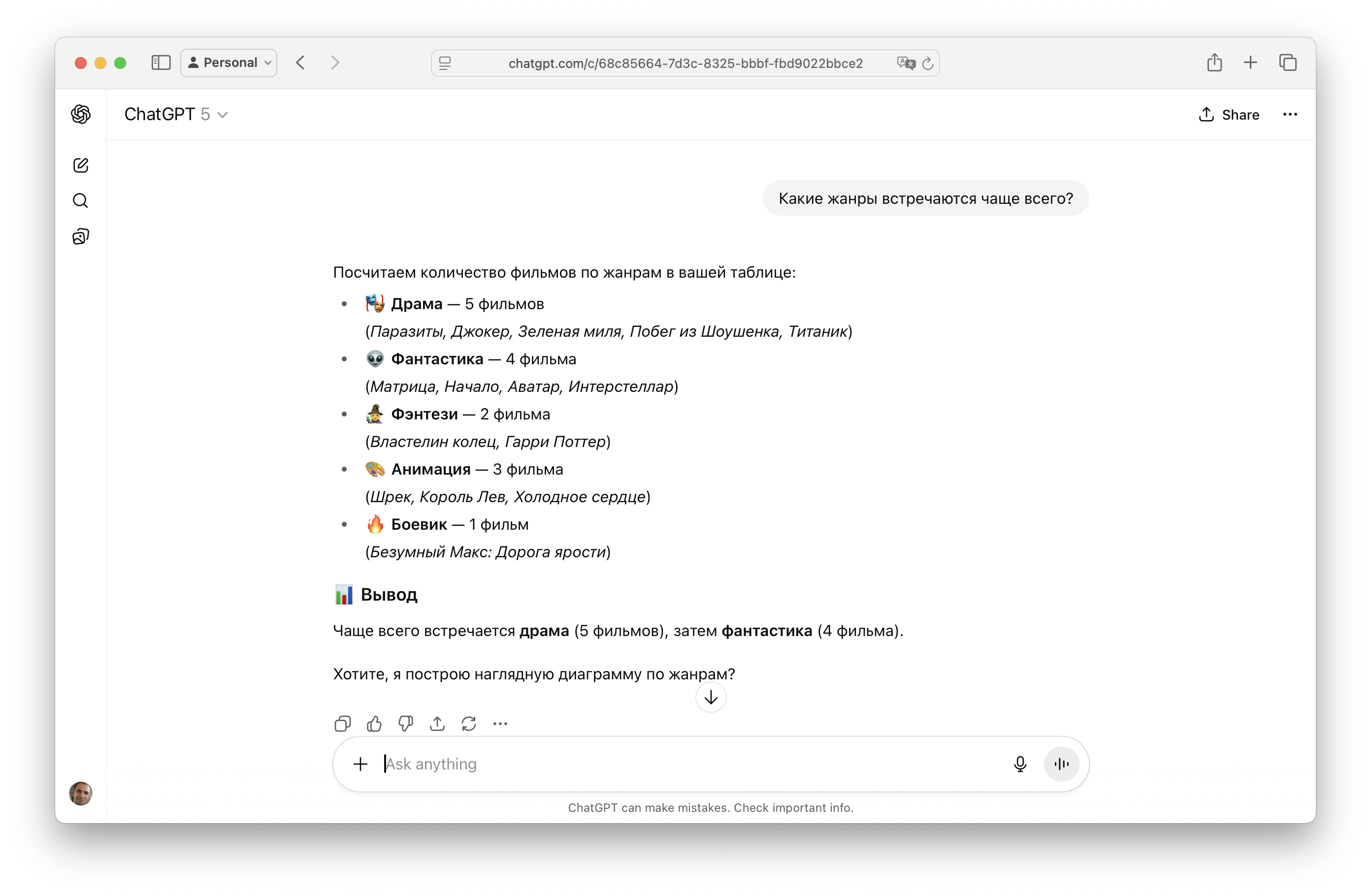 Анализ таблицы фильмов в ChatGPT. Жанры